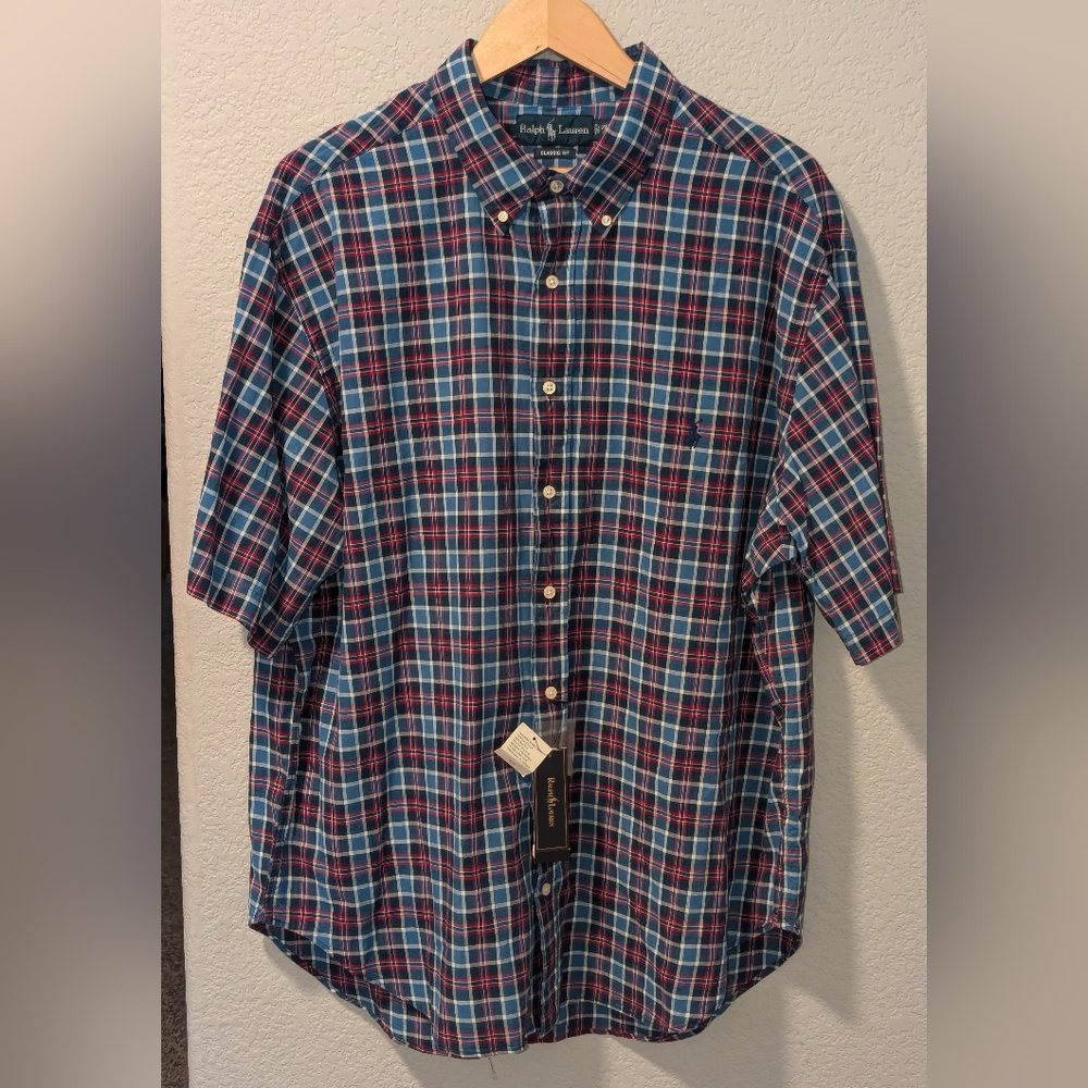 Ralph Lauren Men's Blue and Red Plaid Casual Button Down Shirt
